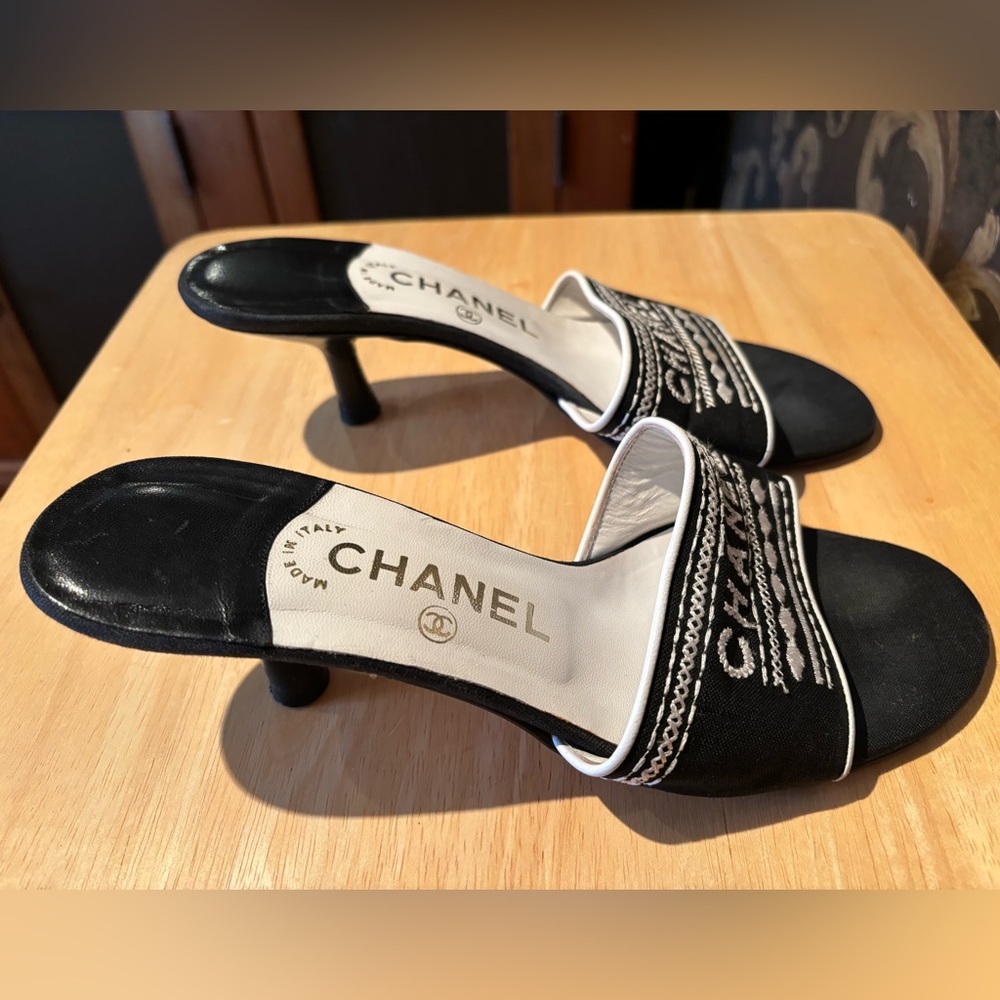 Authentic Vintage Chanel Kitten Heel Sandals with Embroidered House Logo